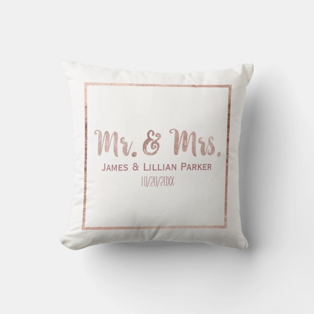 Chic Rose Gold Mr. and Mrs. Monogram Wedding Cushion (Front)
