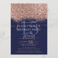 Chic Rose Gold Navy Glitter Confetti Quinceañera