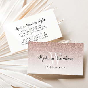 Chic Rose Gold Ombre Glitter Monogram Business Card