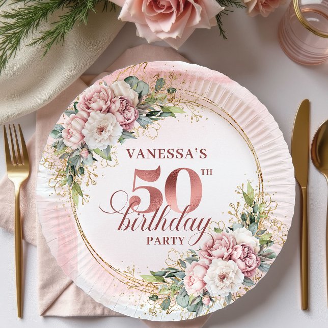 Chic Rose Gold Peony 50th Birthday Party Plates (Chic Rose Gold Peony 50th Birthday Party Plates)