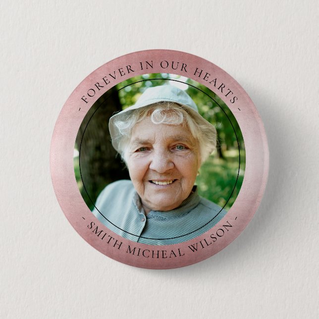 Chic Rose Gold Pink Foil Sympathy Memorial Photo 6 Cm Round Badge (Front)