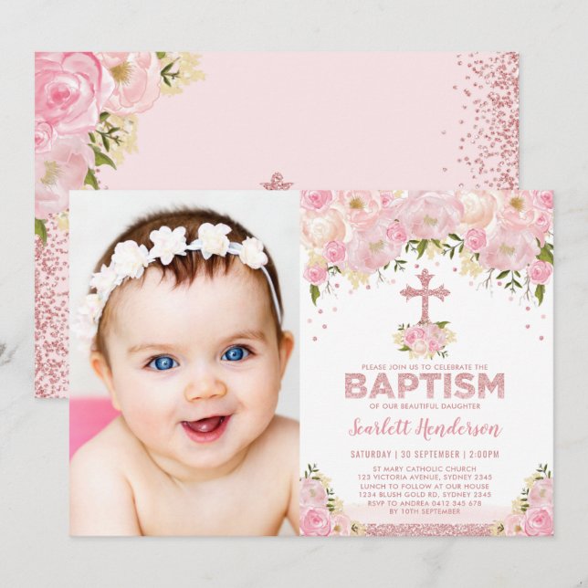 Chic Rose Gold Pink Glitter Floral Baptism Photo Invitation (Front/Back)