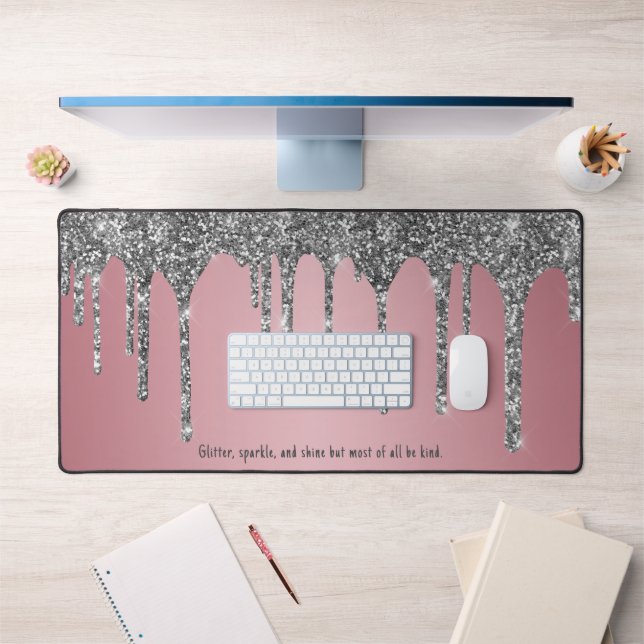 Chic Rose Gold Pink Silver Glitter Drips Custom Desk Mat (Office 1)