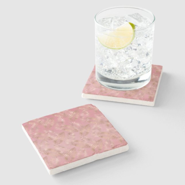 Chic Rose Gold Pink Tropical Leaves Stone Coaster (Side)