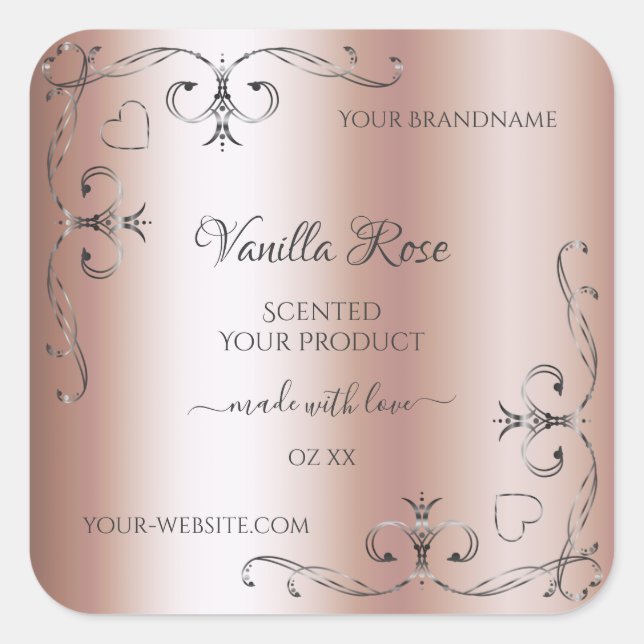 Chic Rose Gold Product Labels Silver Ornate Corner (Front)