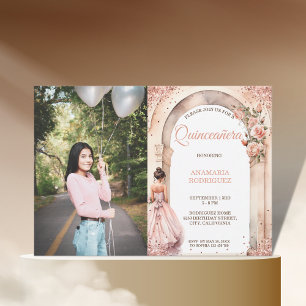 Chic Rose Gold Quinceañera Dress Floral Arch Photo Invitation