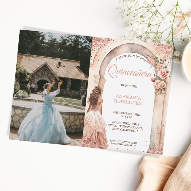 Chic Rose Gold Quinceañera Dress Floral Arch Photo Invitation (chic glitter rose gold stone arch)