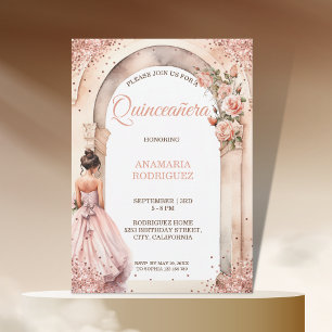 Chic Rose Gold Quinceañera Dress Floral Arch Photo Invitation