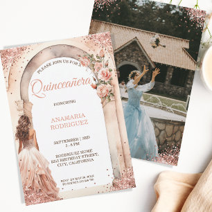 Chic Rose Gold Quinceañera Dress Floral Arch Photo Invitation