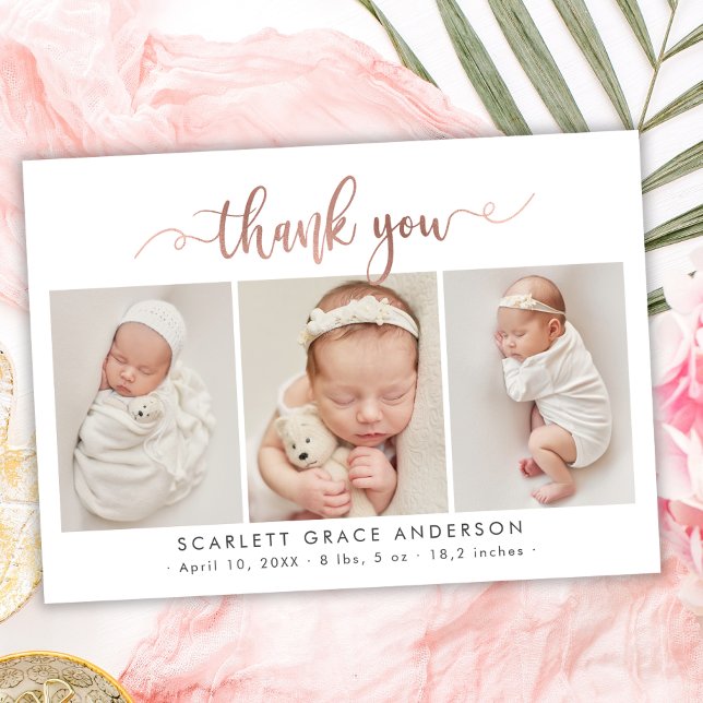 Chic Rose Gold Script Baby Photo Collage Thank You Postcard (Creator Uploaded)