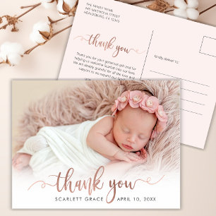 Chic Rose Gold Script Newborn Baby Photo Thank You Postcard