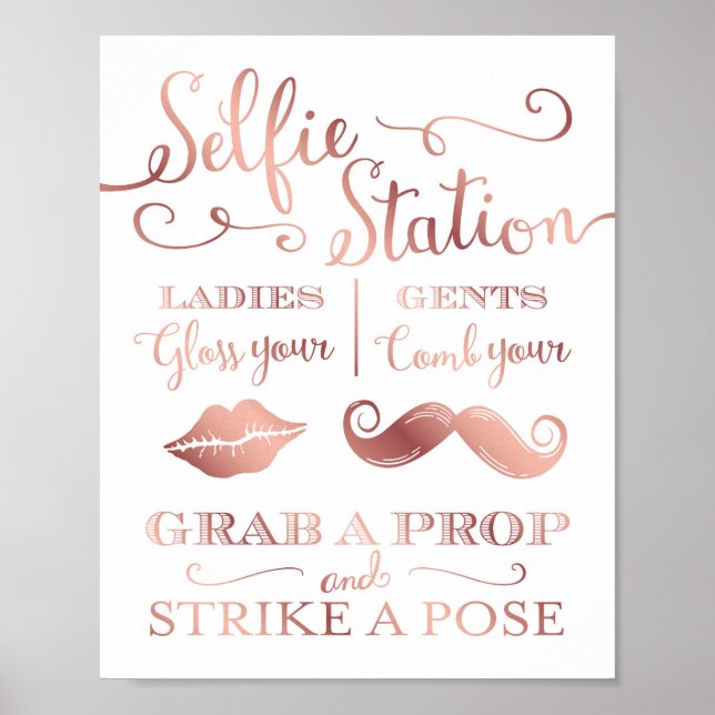 Chic Rose Gold SELFIE STATION PROPS Sign Print (Front)