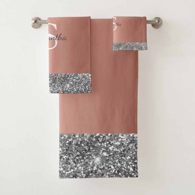 Chic Rose Gold Silver Glitter Drips Monogram Name Bath Towel Set (Insitu)