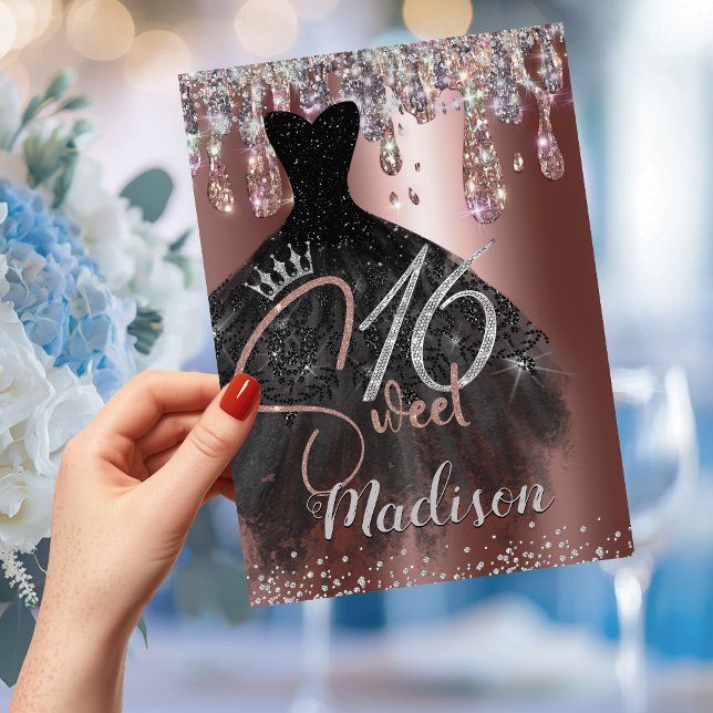 Chic rose gold silver glitter drips sweet 16 invitation (Creator Uploaded)