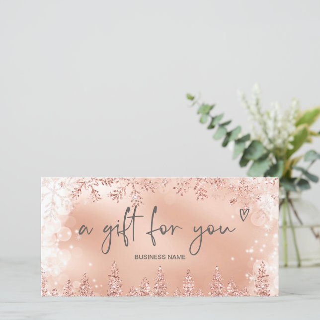 Chic rose gold snow pine logo gift certificate (Standing Front)
