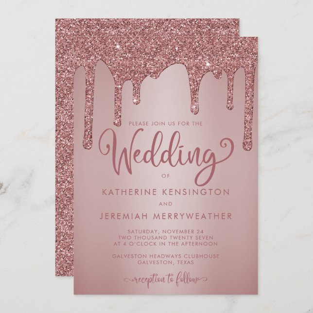 Chic Rose Gold Sparkle Dripping Glitter Wedding Invitation (Front/Back)