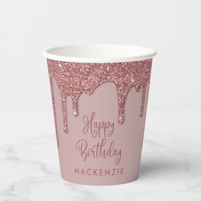 Chic Rose Gold Sparkle Glitter Drips Birthday Paper Cups (Front)