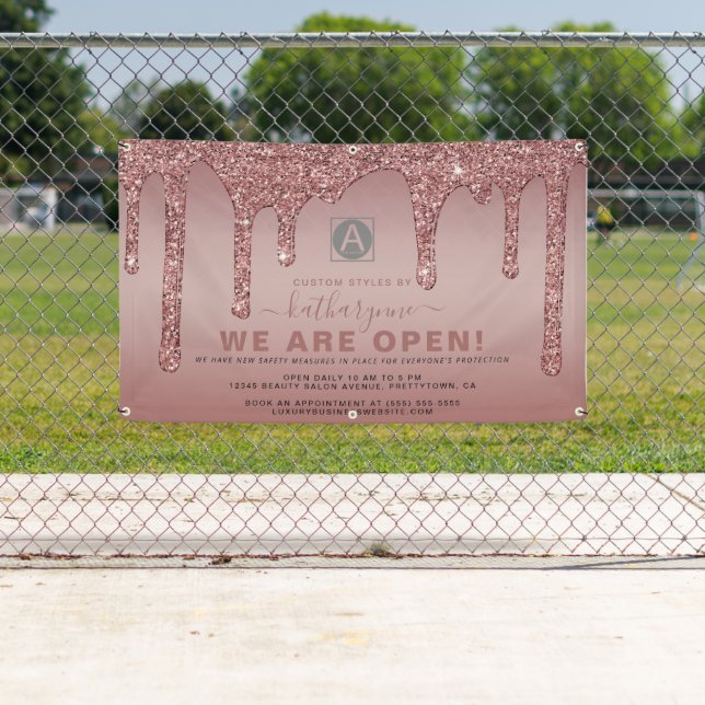 Chic Rose Gold Sparkle Glitter Drips Business Open Banner (Insitu)