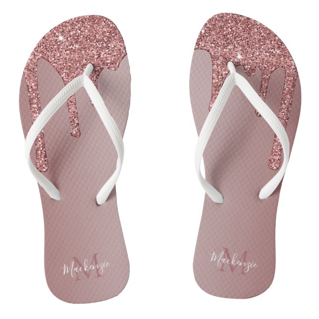 Chic Rose Gold Sparkle Glitter Drips Monogram Jandals (Footbed)