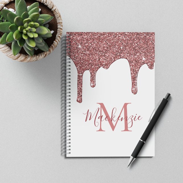 Chic Rose Gold Sparkle Glitter Drips Monogram Notebook (Creator Uploaded)