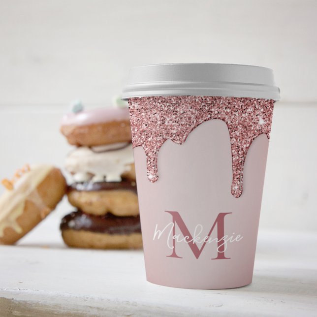 Chic Rose Gold Sparkle Glitter Drips Monogram Paper Cups (Creator Uploaded)