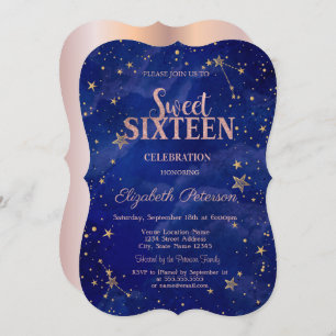 Chic Rose Gold Stars Navy Blue  Sweet 16 Invitation