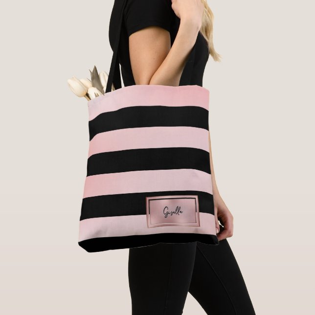 Chic Rose Gold Stripes Tote Bag (Close Up)