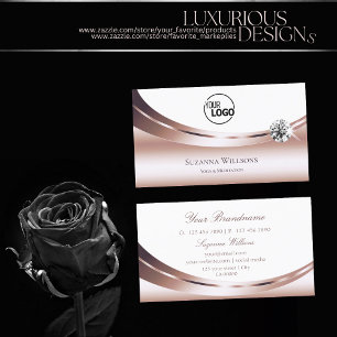 Chic Rose Gold White with Logo and Sparkly Diamond Business Card
