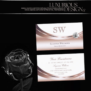 Chic Rose Gold White with Monogram Sparkle Diamond Business Card