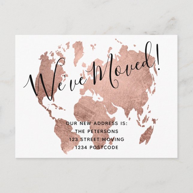 Chic rose gold world map moving announcement (Front)