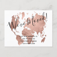 Chic rose gold world map moving announcement