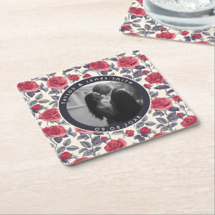 Chic Rose Minimalist Wedding Square Paper Coaster