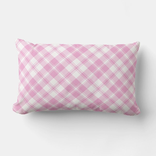 Chic Rose Pink and White Check Lumbar Pillow (Front)