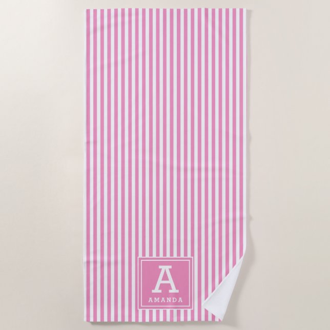 Chic Rose Pink Cabana Stripes Monogrammed Initial Beach Towel (Front)