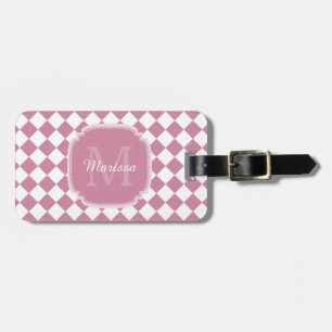 Chic Rose Pink Checked Monogrammed Name Luggage Tag