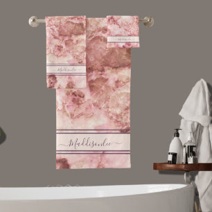 Chic Rose Pink Crystal Monogram Name Marble Agate Bath Towel Set