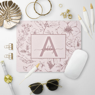 Chic Rose Pink Floral Script Name Monogram Mouse Pad
