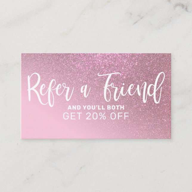 Chic Rose Pink Glitter Gradient Typography Referral Card (Front)