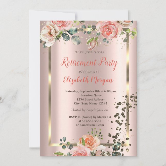 Chic Roses Diamonds Confetti Retirement Invitation (Front)