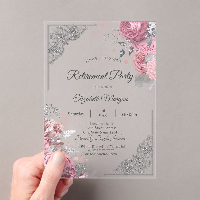 Chic Roses Flowers Silver Frame Retirement    Acrylic Invitations (Insitu (Handheld))