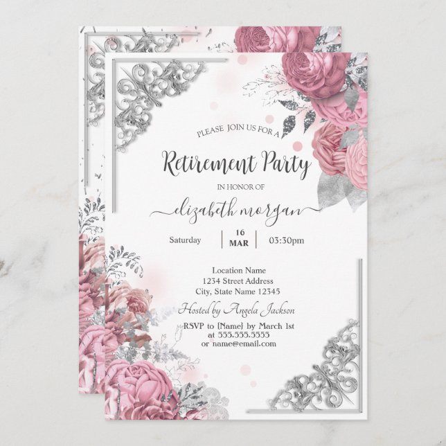 Chic Roses Flowers Silver Frame Retirement    Invitation (Front/Back)