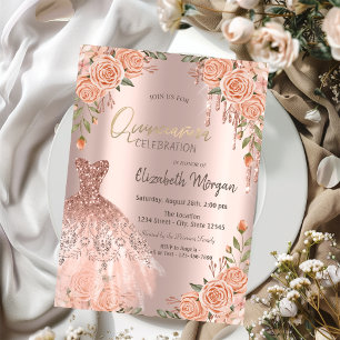Chic Roses Glitter Drips Dress Quinceañera Invitation