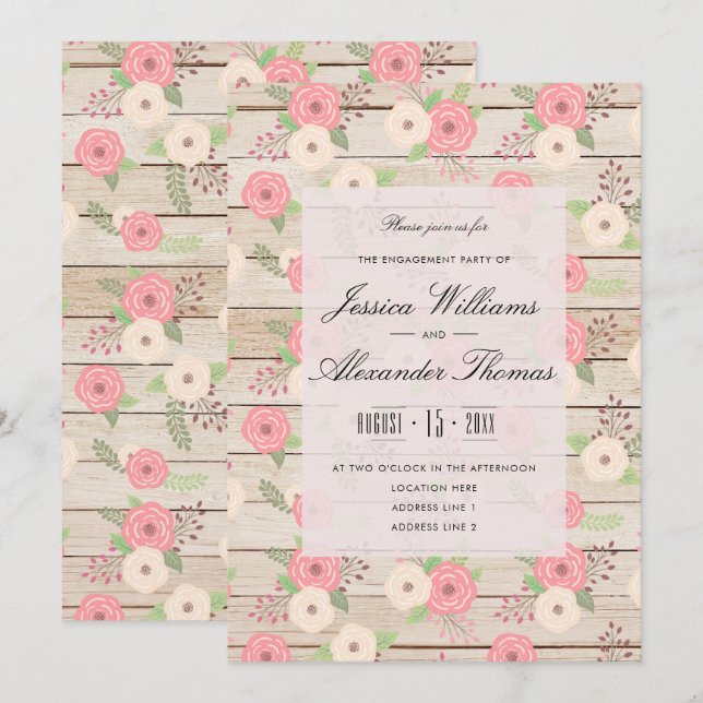 Chic Roses On Wood Engagement Invitation (Front/Back)