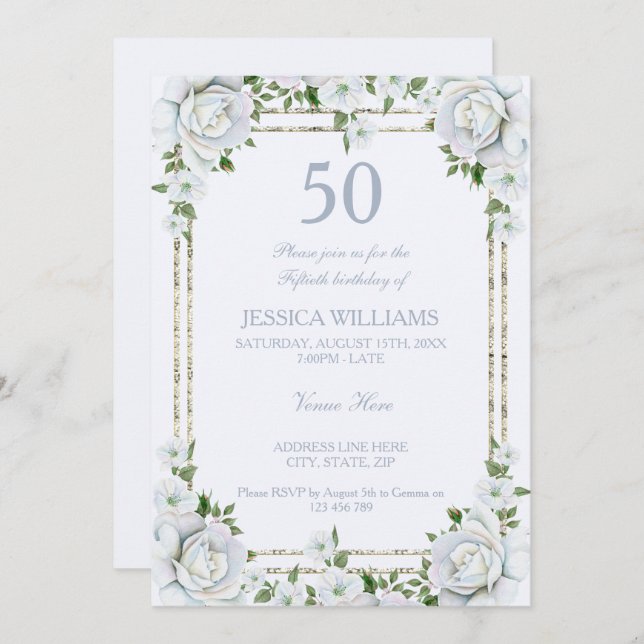 Chic Roses & Silver  Border Floral 50th Birthday Invitation (Front/Back)