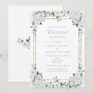 Chic Roses & Silver Border Floral Rehearsal Dinner Invitation