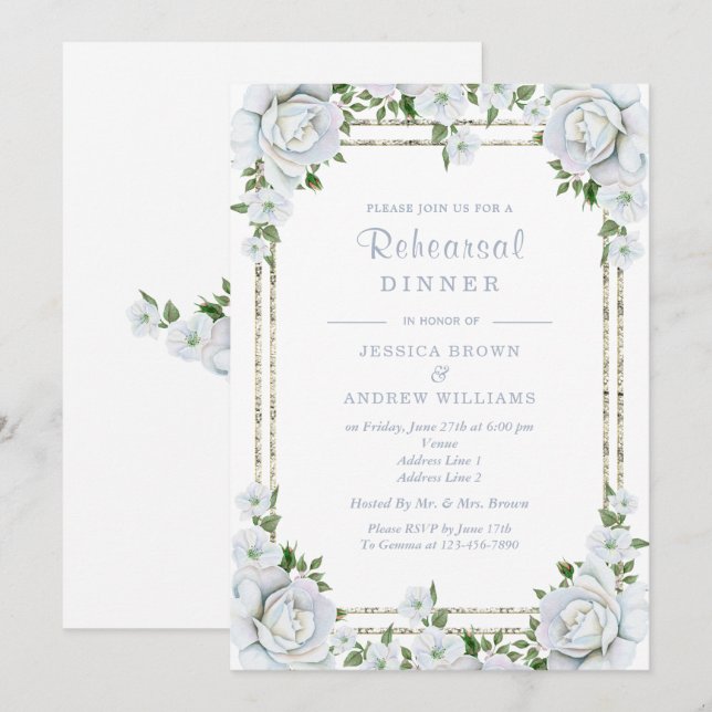 Chic Roses & Silver Border Floral Rehearsal Dinner Invitation (Front/Back)