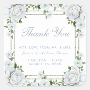 Chic Roses & Silver Border Floral Wedding Favour Square Sticker