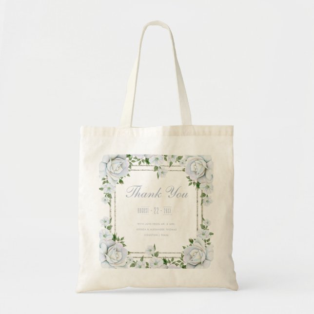 Chic Roses & Silver Border Floral Wedding Tote Bag (Front)