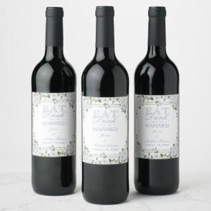 Chic Roses & Silver Border Floral Wedding Wine Label
