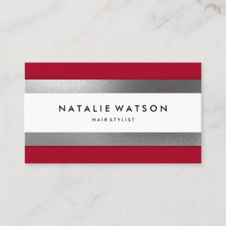 Chic Rough FAUX Silver Stripes Red Modern Business Card